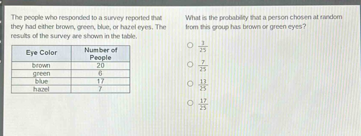the people who responded to a survey reported that they had either brown, green, blue, or hazel eyes. the results of the survey are shown in the table.\n| eye color | number of people |\n|--|--|\n| brown | 20 |\n| green | 6 |\n| blue | 17 |\n| hazel | 7 |\nwhat is the probability that a person chosen at random from this group has brown or green eyes?\n$\frac{3}{25}$\n$\frac{7}{25}$\n$\frac{13}{25}$\n$\frac{17}{25}$