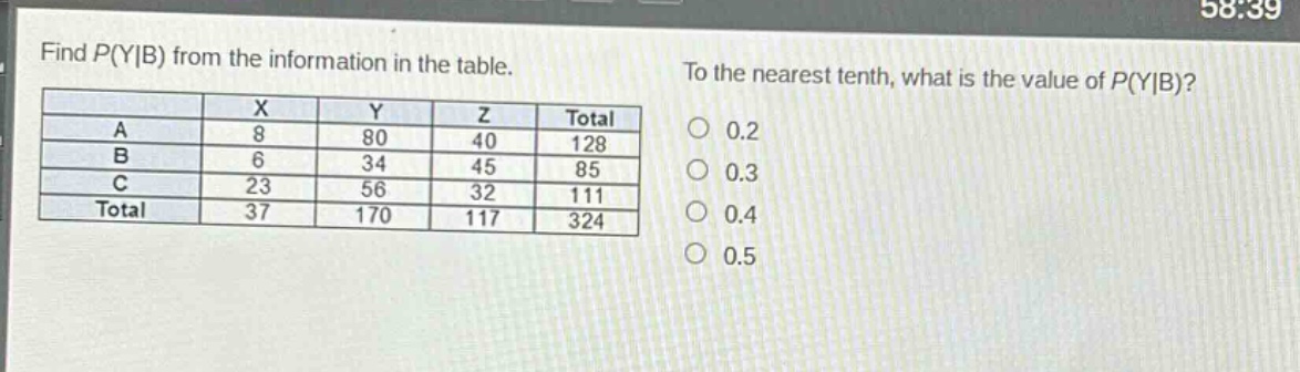 find $p(y|b)$ from the information in the table. to the nearest tenth, what is the value of $p(y|b)$?\n| | x | y | z | total |\n| a | 8 | 80 | 40 | 128 |\n| b | 6 | 34 | 45 | 85 |\n| c | 23 | 56 | 32 | 111 |\n| total | 37 | 170 | 117 | 324 |\n0.2\n0.3\n0.4\n0.5