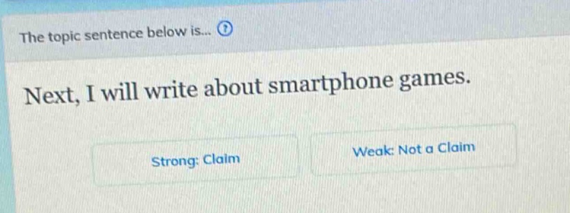 the topic sentence below is... next, i will write about smartphone games. strong: claim weak: not a claim