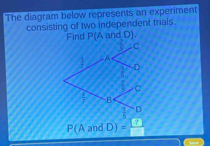 the diagram below represents an experiment consisting of two independent trials. find p(a and d). p(a and d) = ?
