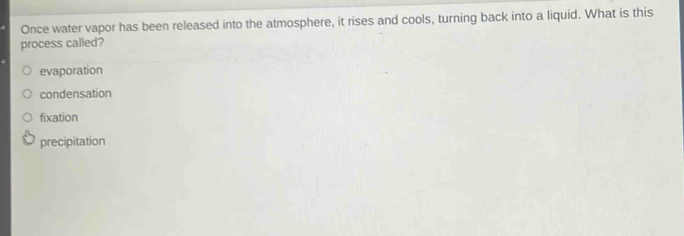 once water vapor has been released into the atmosphere, it rises and cools, turning back into a liquid. what is this process called?\n○ evaporation\n○ condensation\n○ fixation\n○ precipitation