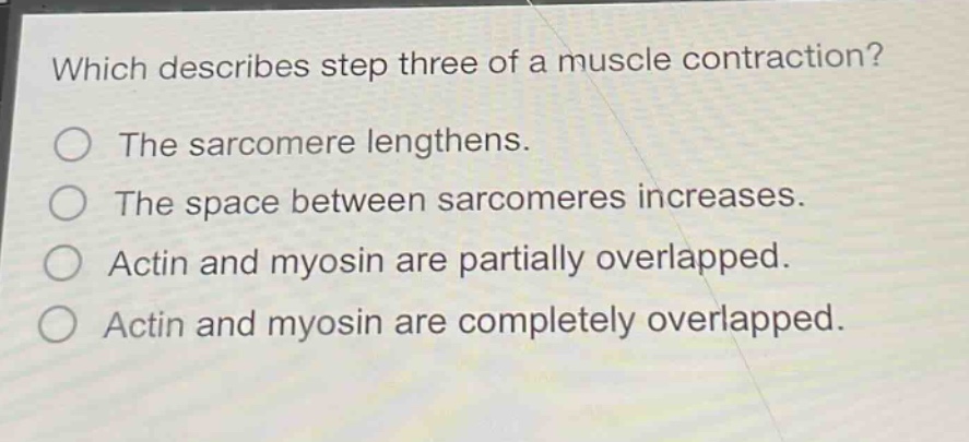 which describes step three of a muscle contraction?\nthe sarcomere lengthens.\nthe space between sarcomeres increases.\nactin and myosin are partially overlapped.\nactin and myosin are completely overlapped.