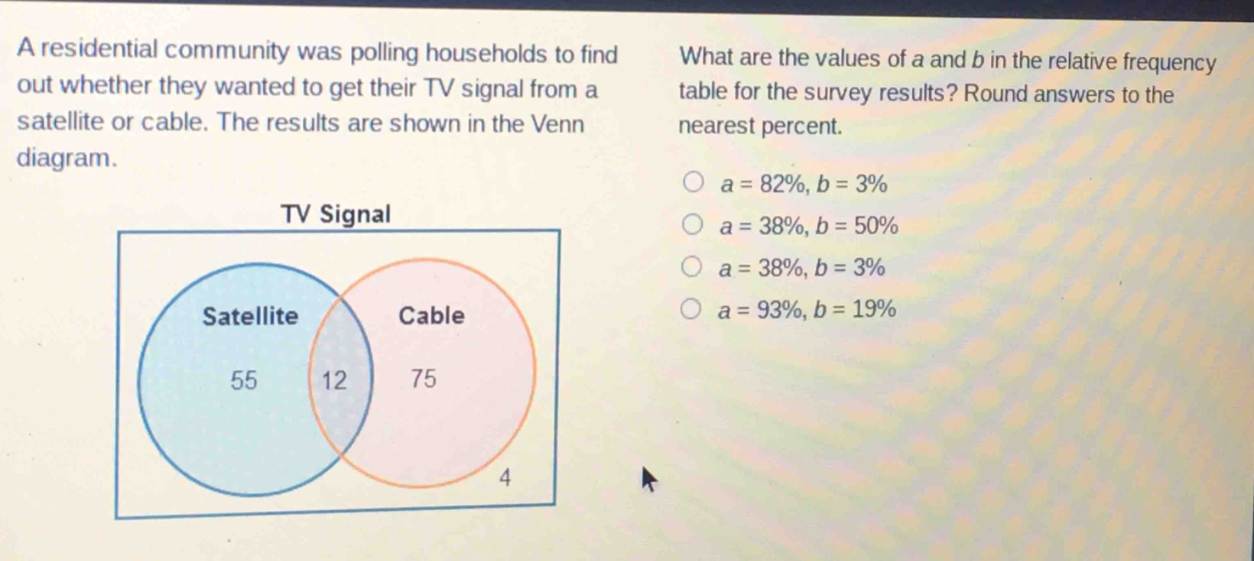 a residential community was polling households to find out whether they wanted to get their tv signal from a satellite or cable. the results are shown in the venn diagram. what are the values of a and b in the relative - frequency table for the survey results? round answers to the nearest percent. a = 82%, b = 3% a = 38%, b = 50% a = 38%, b = 3% a = 93%, b = 19%