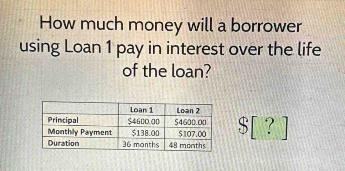 how much money will a borrower using loan 1 pay in interest over the life of the loan?\n| |loan 1|loan 2|\n|--|--|--|\n|principal|$4600.00|$4600.00|\n|monthly payment|$138.00|$107.00|\n|duration|36 months|48 months|