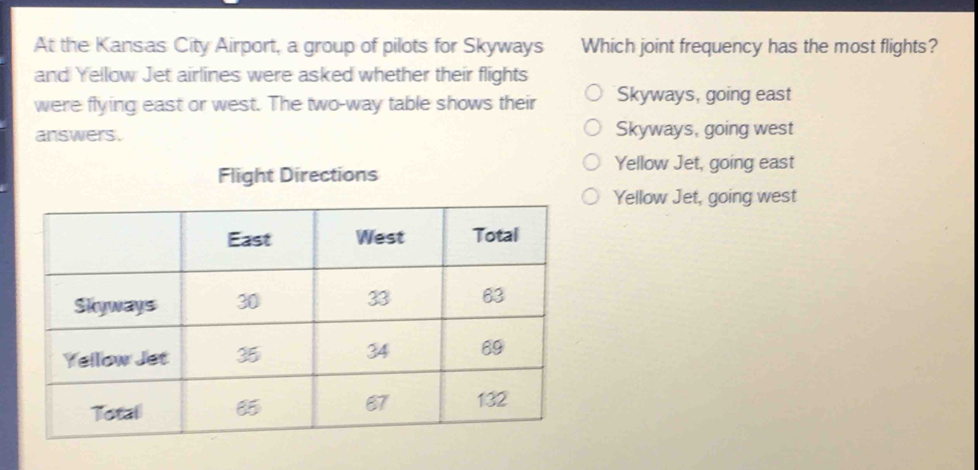 at the kansas city airport, a group of pilots for skyways and yellow jet airlines were asked whether their flights were flying east or west. the two - way table shows their answers. flight directions\n| | east | west | total |\n|--|--|--|--|\n| skyways | 30 | 33 | 63 |\n| yellow jet | 35 | 34 | 69 |\n| total | 65 | 67 | 132 | which joint frequency has the most flights? skyways, going east skyways, going west yellow jet, going east yellow jet, going west