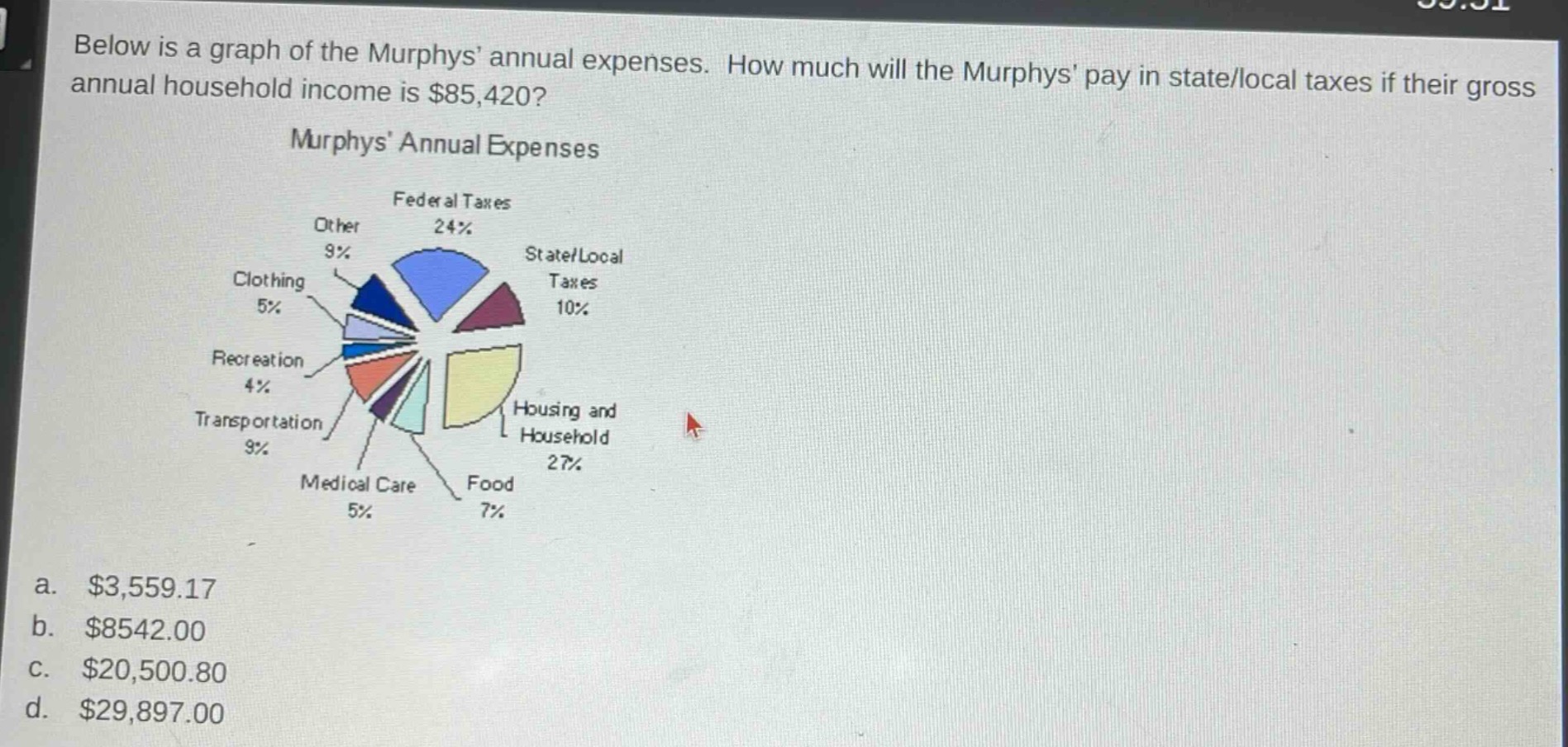 below is a graph of the murphys annual expenses. how much will the murphys pay in state/local taxes if their gross annual household income is $85,420?\nmurphys annual expenses\nfederal taxes 24%\nother 9%\nstate/local taxes 10%\nclothing 5%\nrecreation 4%\ntransportation 9%\nmedical care 5%\nfood 7%\nhousing and household 27%\na. $3,559.17\nb. $8542.00\nc. $20,500.80\nd. $29,897.00