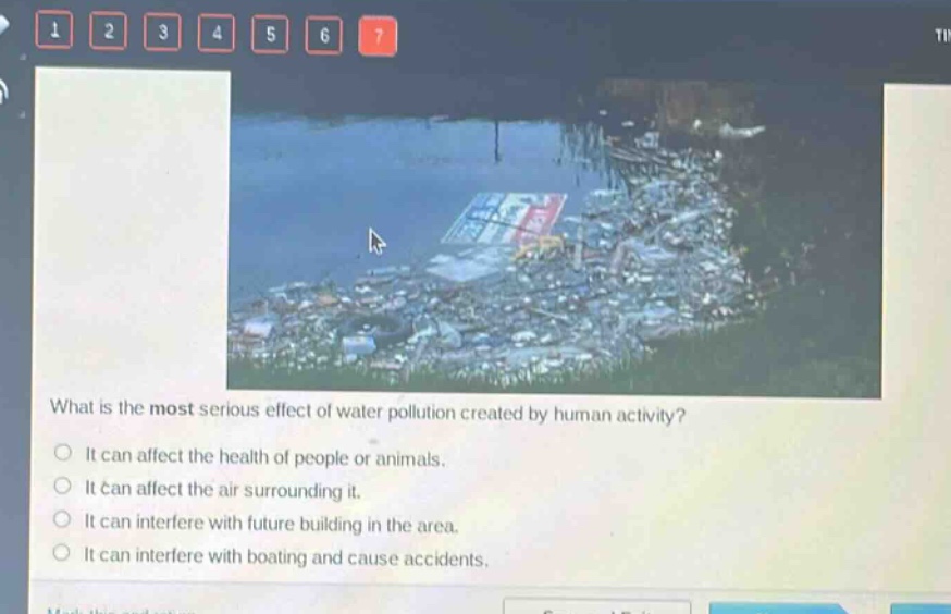 what is the most serious effect of water pollution created by human activity?\nit can affect the health of people or animals.\nit can affect the air surrounding it.\nit can interfere with future building in the area.\nit can interfere with boating and cause accidents.