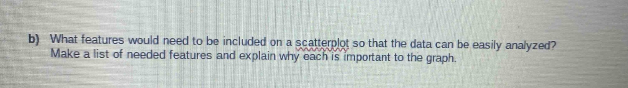 b) what features would need to be included on a scatterplot so that the data can be easily analyzed? make a list of needed features and explain why each is important to the graph.
