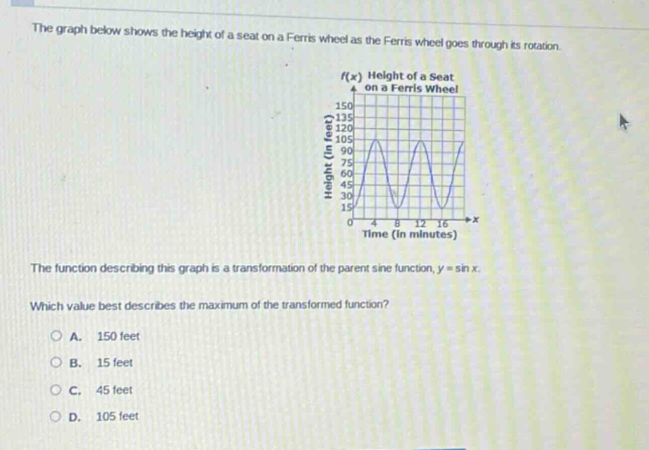 the graph below shows the height of a seat on a ferris wheel as the ferris wheel goes through its rotation. the function describing this graph is a transformation of the parent sine function, y = sin x. which value best describes the maximum of the transformed function? a. 150 feet b. 15 feet c. 45 feet d. 105 feet