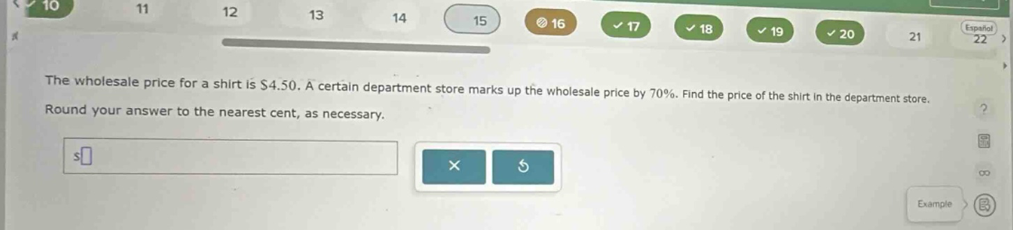 the wholesale price for a shirt is $4.50. a certain department store marks up the wholesale price by 70%. find the price of the shirt in the department store. round your answer to the nearest cent, as necessary.