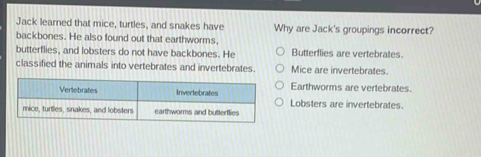 jack learned that mice, turtles, and snakes have backbones. he also found out that earthworms, butterflies, and lobsters do not have backbones. he classified the animals into vertebrates and invertebrates.\n|vertebrates|invertebrates|\n|----|----|\n|mice, turtles, snakes, and lobsters|earthworms and butterflies|\nwhy are jacks groupings incorrect?\nbutterflies are vertebrates.\nmice are invertebrates.\nearthworms are vertebrates.\nlobsters are invertebrates.