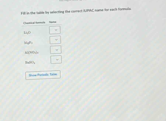 fill in the table by selecting the correct iupac name for each formula.\nchemical formula name\nli₂o\nmgf₂\nal(no₃)₃\nbaso₄\nshow periodic table