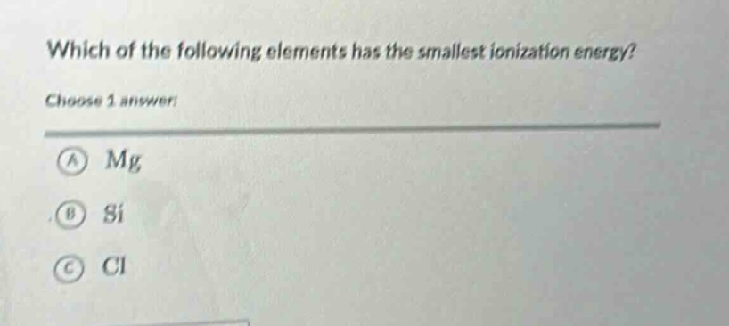 which of the following elements has the smallest ionization energy? choose 1 answer: a mg b si c cl