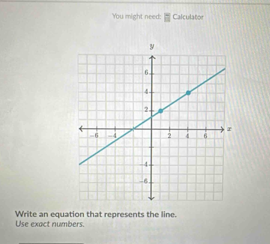 you might need: calculator\nwrite an equation that represents the line.\nuse exact numbers.