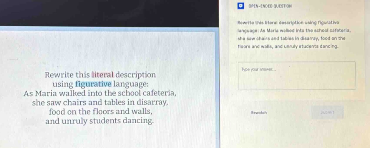 rewrite this literal description using figurative language: as maria walked into the school cafeteria, she saw chairs and tables in disarray, food on the floors and walls, and unruly students dancing.