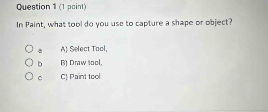 question 1 (1 point)\nin paint, what tool do you use to capture a shape or object?\n○ a a) select tool,\n○ b b) draw tool,\n○ c c) paint tool