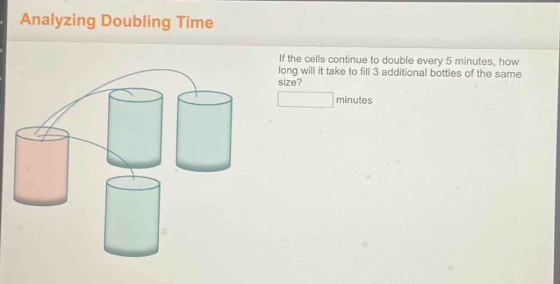 analyzing doubling time\nif the cells continue to double every 5 minutes, how long will it take to fill 3 additional bottles of the same size?\nminutes