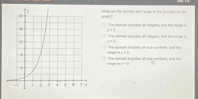 what are the domain and range of the function on the graph?\nthe domain includes all integers, and the range is y≥0.\nthe domain includes all integers, and the range is y > 0.\nthe domain includes all real numbers, and the range is y≥0.\nthe domain includes all real numbers, and the range is y > 0.