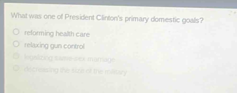 what was one of president clintons primary domestic goals?\nreforming health care\nrelaxing gun control\nlegalizing same - sex marriage\ndecreasing the size of the military
