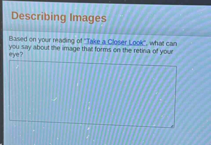 describing images\nbased on your reading of \take a closer look\, what can you say about the image that forms on the retina of your eye?