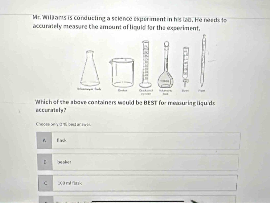 mr. williams is conducting a science experiment in his lab. he needs to accurately measure the amount of liquid for the experiment. which of the above containers would be best for measuring liquids accurately? choose only one best answer. a flask b beaker c 100 ml flask