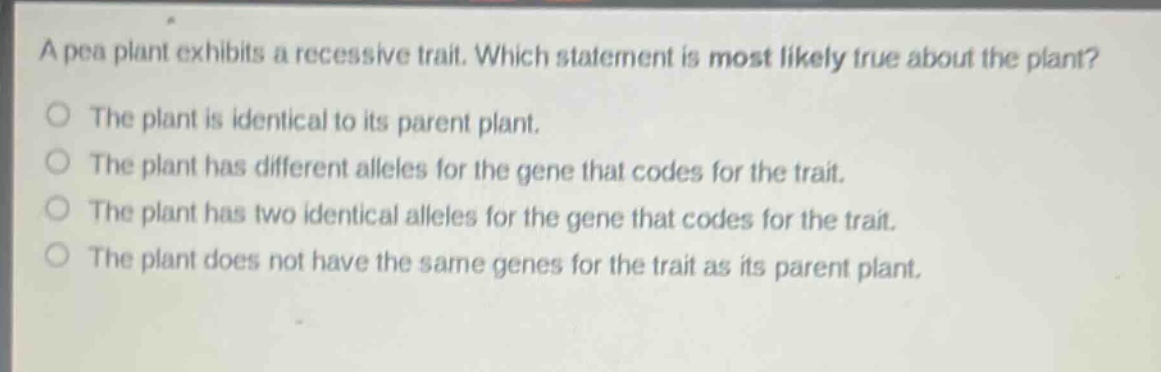 a pea plant exhibits a recessive trait. which statement is most likely true about the plant?\no the plant is identical to its parent plant.\no the plant has different alleles for the gene that codes for the trait.\no the plant has two identical alleles for the gene that codes for the trait.\no the plant does not have the same genes for the trait as its parent plant.