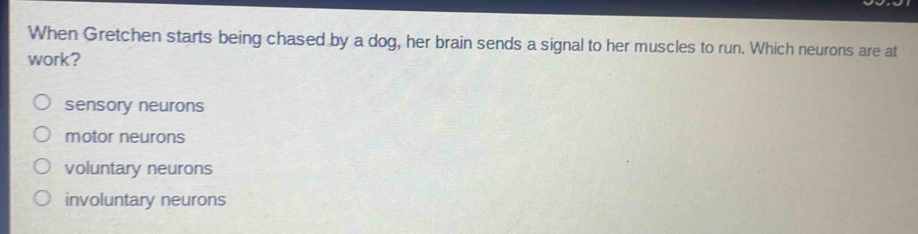 when gretchen starts being chased by a dog, her brain sends a signal to her muscles to run. which neurons are at work?\n○ sensory neurons\n○ motor neurons\n○ voluntary neurons\n○ involuntary neurons