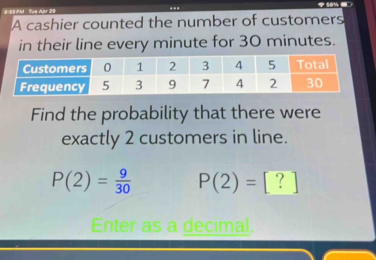 a cashier counted the number of customers in their line every minute for 30 minutes.\n|customers|0|1|2|3|4|5|total|\n|frequency|5|3|9|7|4|2|30|\nfind the probability that there were exactly 2 customers in line.\np(2) = \\frac{9}{30} p(2) = ?\nenter as a decimal.