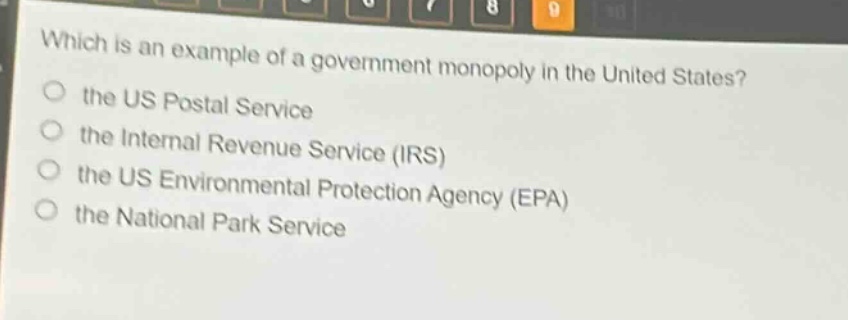 which is an example of a government monopoly in the united states?\n the us postal service\n the internal revenue service (irs)\n the us environmental protection agency (epa)\n the national park service