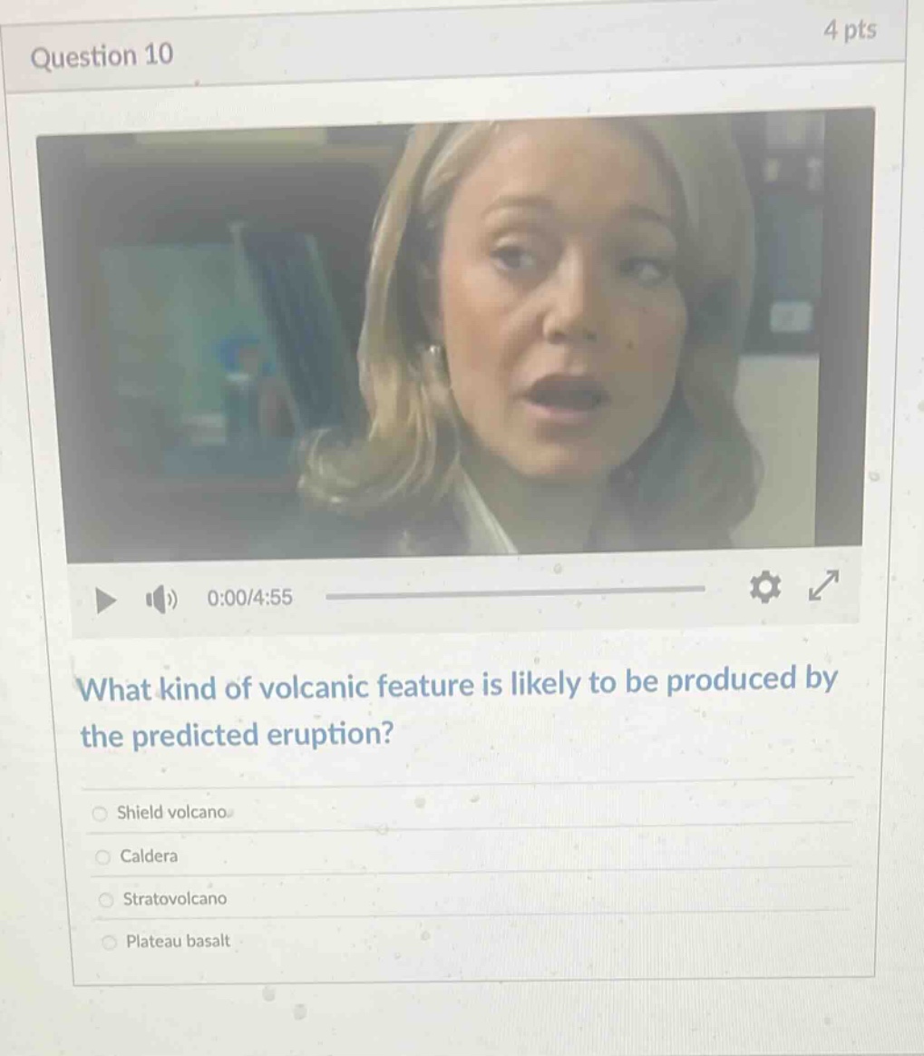question 10\n4 pts\nwhat kind of volcanic feature is likely to be produced by the predicted eruption?\nshield volcano\ncaldera\nstratovolcano\nplateau basalt