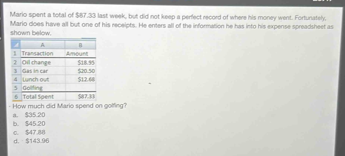 mario spent a total of $87.33 last week, but did not keep a perfect record of where his money went. fortunately, mario does have all but one of his receipts. he enters all of the information he has into his expense spreadsheet as shown below.\n| a | b |\n|----|----|----|\n| 1 | transaction | amount |\n| 2 | oil change | $18.95 |\n| 3 | gas in car | $20.50 |\n| 4 | lunch out | $12.68 |\n| 5 | golfing | |\n| 6 | total spent | $87.33 |\nhow much did mario spend on golfing?\n a. $35.20\n b. $45.20\n c. $47.88\n d. $143.96