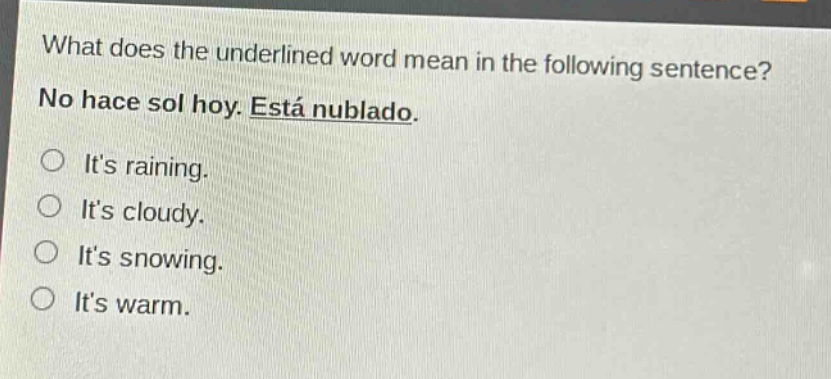 what does the underlined word mean in the following sentence? no hace sol hoy. está nublado. its raining. its cloudy. its snowing. its warm.