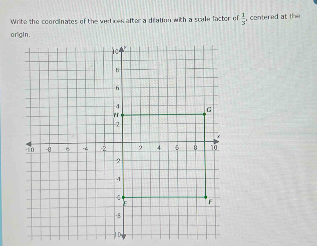 write the coordinates of the vertices after a dilation with a scale factor of $\frac{1}{3}$, centered at the origin.