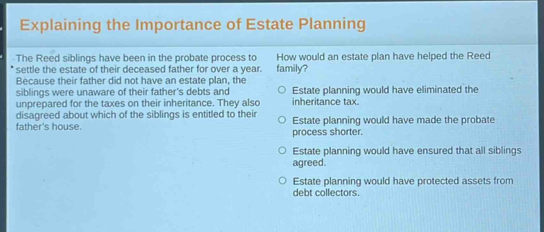 explaining the importance of estate planning\nthe reed siblings have been in the probate process to settle the estate of their deceased father for over a year. because their father did not have an estate plan, the siblings were unaware of their fathers debts and unprepared for the taxes on their inheritance. they also disagreed about which of the siblings is entitled to their fathers house.\nhow would an estate plan have helped the reed family?\n○ estate planning would have eliminated the inheritance tax.\n○ estate planning would have made the probate process shorter.\n○ estate planning would have ensured that all siblings agreed.\n○ estate planning would have protected assets from debt collectors.