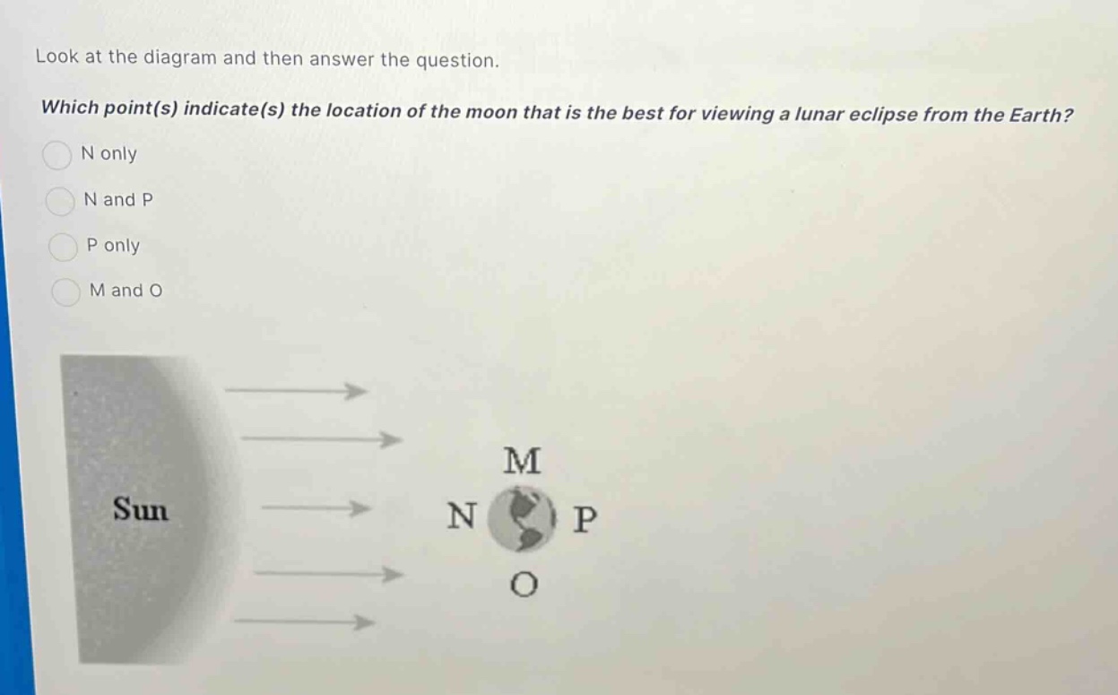 look at the diagram and then answer the question. which point(s) indicate(s) the location of the moon that is the best for viewing a lunar eclipse from the earth? n only n and p p only m and o