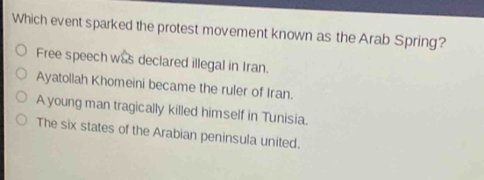 which event sparked the protest movement known as the arab spring?\nfree speech was declared illegal in iran.\nayatollah khomeini became the ruler of iran.\na young man tragically killed himself in tunisia.\nthe six states of the arabian peninsula united.