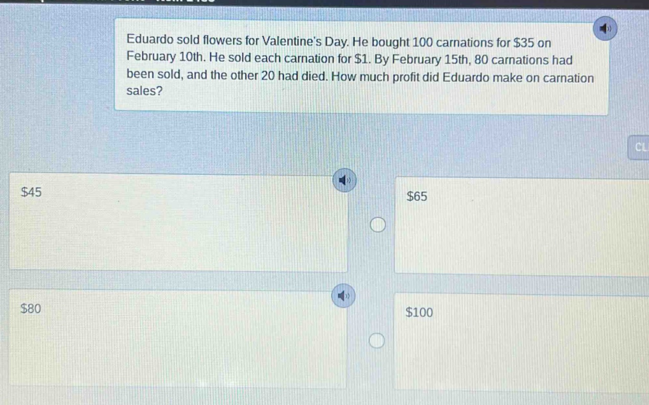 eduardo sold flowers for valentines day. he bought 100 carnations for $35 on february 10th. he sold each carnation for $1. by february 15th, 80 carnations had been sold, and the other 20 had died. how much profit did eduardo make on carnation sales? $45 $65 $80 $100