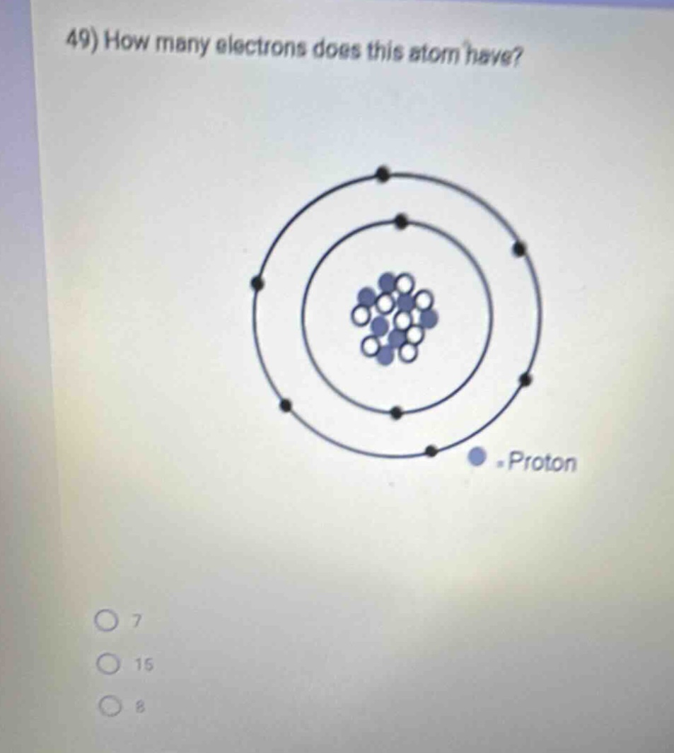 49) how many electrons does this atom have? proton 7 15 8