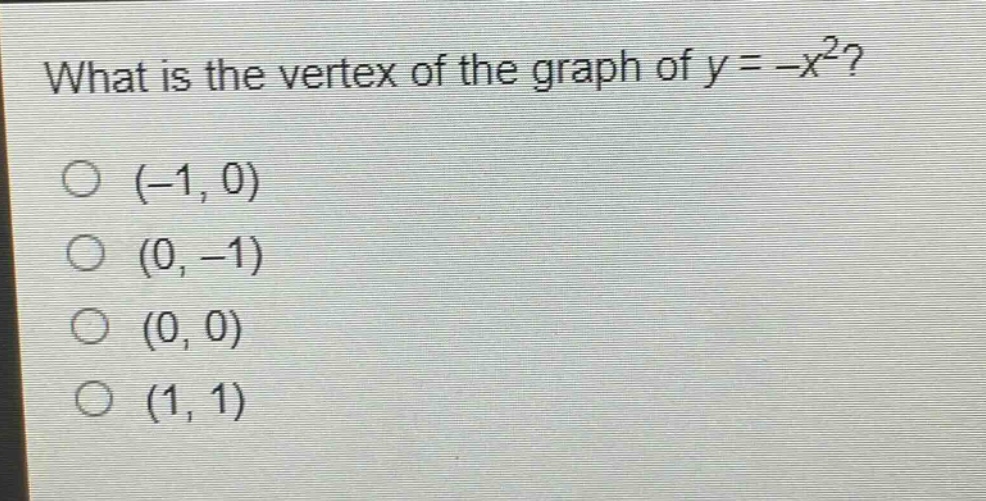 what is the vertex of the graph of y = -x²?\n(-1, 0)\n(0, -1)\n(0, 0)\n(1, 1)
