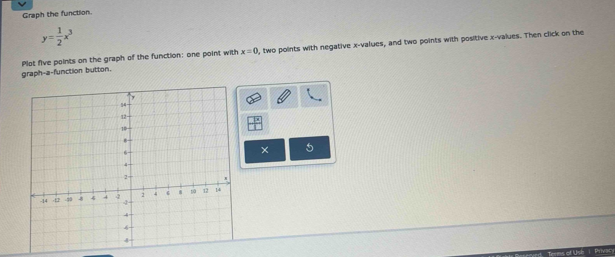 graph the function.\n$y = \\frac{1}{2}x^{3}$\nplot five points on the graph of the function: one point with $x = 0$, two points with negative $x$-values, and two points with positive $x$-values. then click on the graph - a - function button.