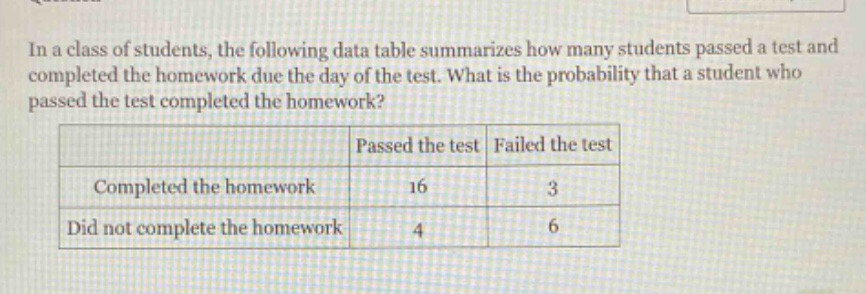 in a class of students, the following data table summarizes how many students passed a test and completed the homework due the day of the test. what is the probability that a student who passed the test completed the homework?\n| | passed the test | failed the test |\n|--|--|--|\n| completed the homework | 16 | 3 |\n| did not complete the homework | 4 | 6 |