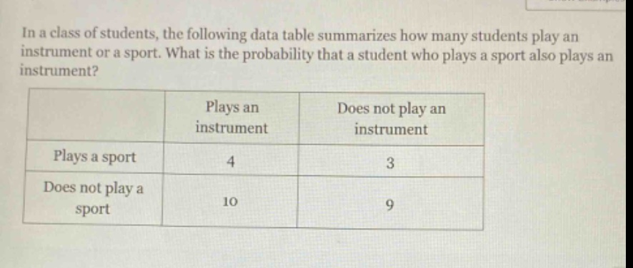 in a class of students, the following data table summarizes how many students play an instrument or a sport. what is the probability that a student who plays a sport also plays an instrument?\n| |plays an instrument|does not play an instrument|\n|--|--|--|\n|plays a sport|4|3|\n|does not play a sport|10|9|