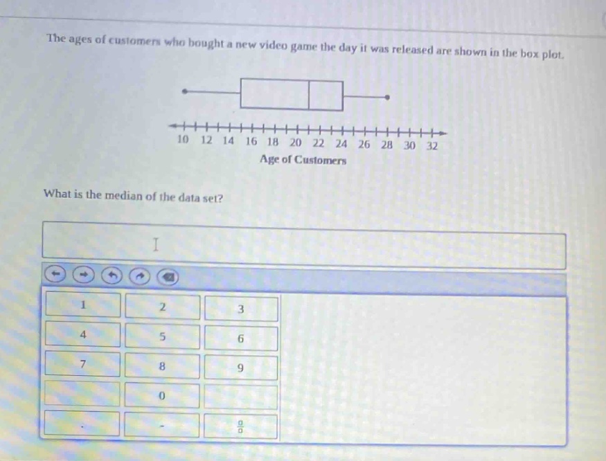 the ages of customers who bought a new video game the day it was released are shown in the box - plot.\nwhat is the median of the data set?