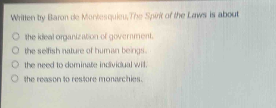 written by baron de montesquieu, the spirit of the laws is about the ideal organization of government. the selfish nature of human beings. the need to dominate individual will. the reason to restore monarchies.