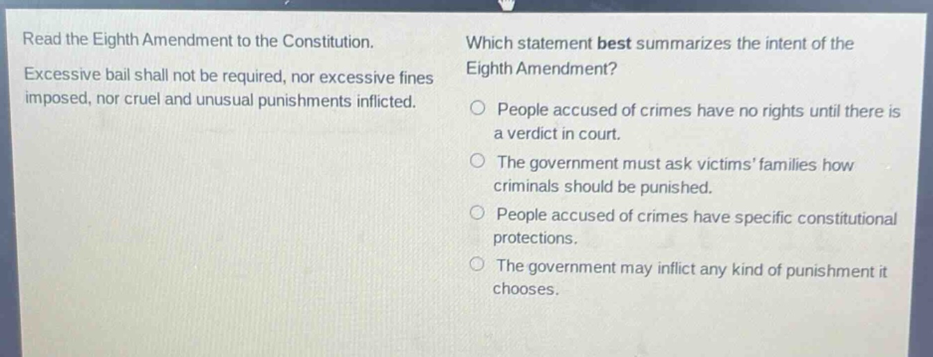 read the eighth amendment to the constitution. excessive bail shall not be required, nor excessive fines imposed, nor cruel and unusual punishments inflicted. which statement best summarizes the intent of the eighth amendment? people accused of crimes have no rights until there is a verdict in court. the government must ask victims’ families how criminals should be punished. people accused of crimes have specific constitutional protections. the government may inflict any kind of punishment it chooses.