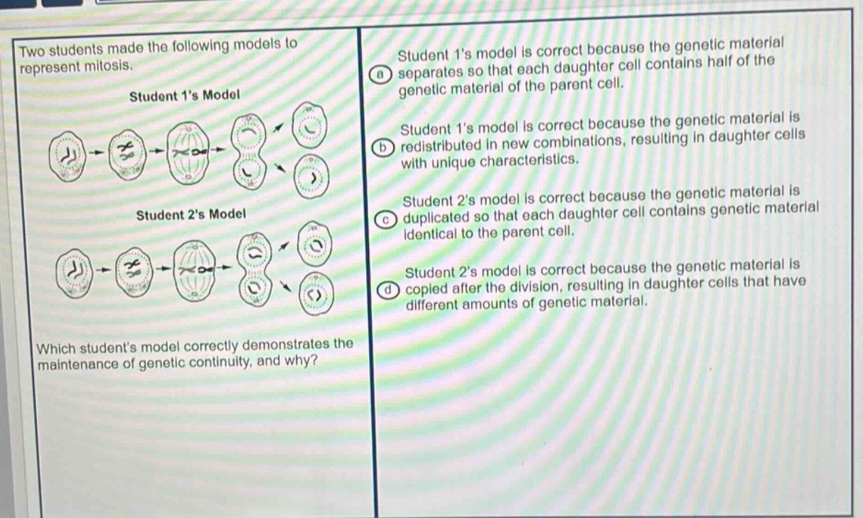 two students made the following models to represent mitosis.\nstudent 1s model\nstudent 2s model\nwhich students model correctly demonstrates the maintenance of genetic continuity, and why?\nstudent 1s model is correct because the genetic material separates so that each daughter cell contains half of the genetic material of the parent cell.\nstudent 1s model is correct because the genetic material is redistributed in new combinations, resulting in daughter cells with unique characteristics.\nstudent 2s model is correct because the genetic material is duplicated so that each daughter cell contains genetic material identical to the parent cell.\nstudent 2s model is correct because the genetic material is copied after the division, resulting in daughter cells that have different amounts of genetic material.