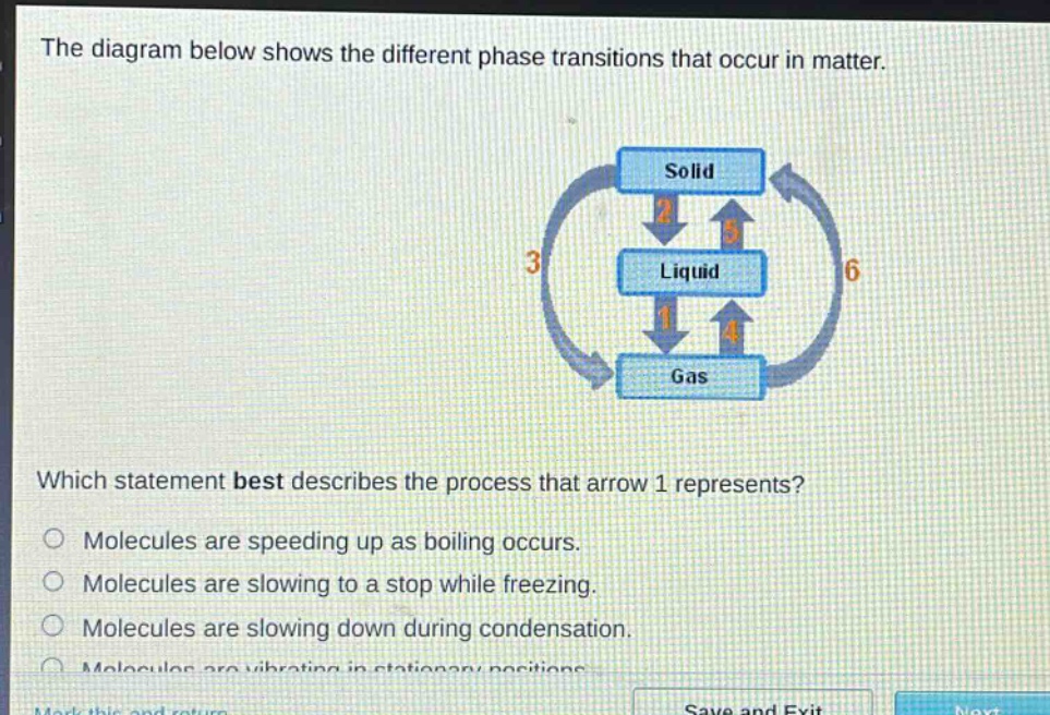 the diagram below shows the different phase transitions that occur in matter. which statement best describes the process that arrow 1 represents? molecules are speeding up as boiling occurs. molecules are slowing to a stop while freezing. molecules are slowing down during condensation. molecules are vibrating in stationary positions