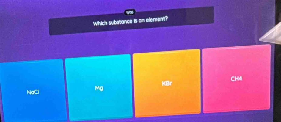 which substance is an element?\nnacl\nmg\nkbr\nch4