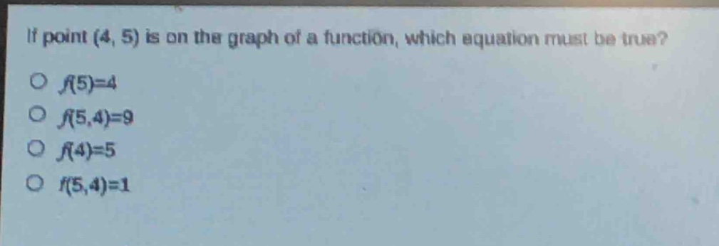 if point (4, 5) is on the graph of a function, which equation must be true?\no (f(5)=4)\no (f(5,4)=9)\no (f(4)=5)\no (f(5,4)=1)