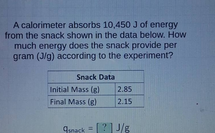 a calorimeter absorbs 10,450 j of energy from the snack shown in the data below. how much energy does the snack provide per gram (j/g) according to the experiment?\n\n| snack data | |\n|--|--|\n| initial mass (g) | 2.85 |\n| final mass (g) | 2.15 |\n\n$q_{snack}=? j/g$